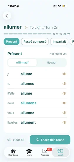 Verb detail with per-tense audio